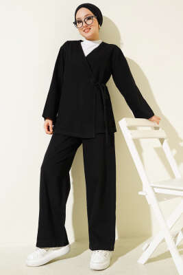 Pazarium - İp Bağlamalı V Yaka Kot İkili Takım Siyah