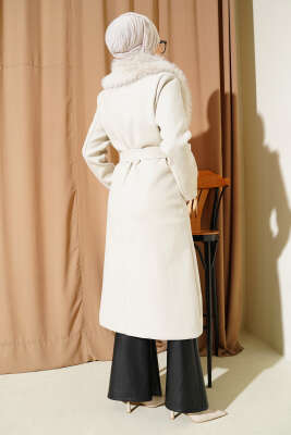 Yaka Kürk Detaylı Kaşe Kaban Bej - Thumbnail