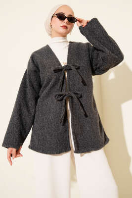 Pazarium - İp Bağlama Detaylı Ceket Füme