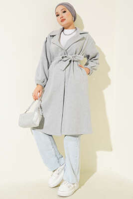 Pazarium - Kruvaze Yaka Belden Bağlamalı Kaban Gri