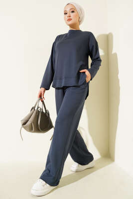 Pazarium - Bisiklet Yaka Oval Detaylı İkili Takım Füme