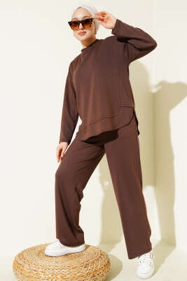 Pazarium - Bisiklet Yaka Oval Detaylı İkili Takım Kahve