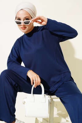 Pazarium - Bisiklet Yaka Oval Detaylı İkili Takım Lacivert