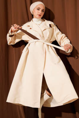 Pazarium - Çıtçıt Düğmeli Deri Detaylı Trençkot Ekru