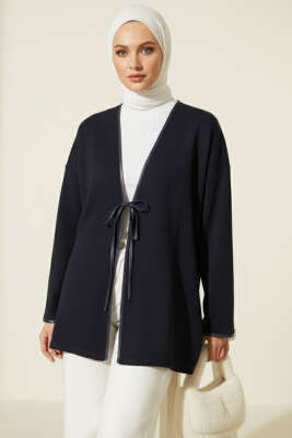 Pazarium - Deri Biyeli Fitilli Görünümlü Kimono Lacivert