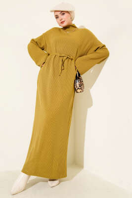 Pazarium - Salaş Kuşaklı Triko Elbise Yağ Yeşili