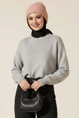 Pazarium - Bisiklet Yaka Merserize Tunik Gri