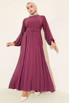 Pazarium - Piliseli Kemerli Ayrobin Elbise Menekşe