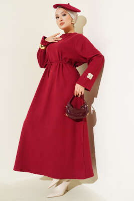 Pazarium - Bisiklet Yaka Armalı İp Kuşaklı Elbise Bordo