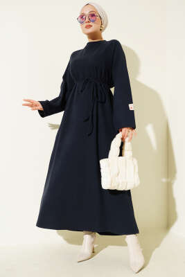 Pazarium - Bisiklet Yaka Armalı İp Kuşaklı Elbise Lacivert