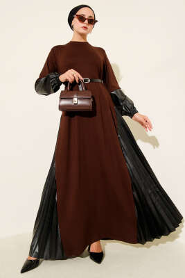 Pazarium - Deri Garnili Kemerli Elbise Kahve