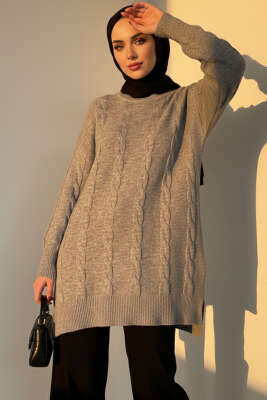 Pazarium - Örgü Kabartmalı Yumoş Triko Tunik Gri