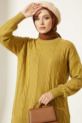 Pazarium - Örgü Kabartmalı Yumoş Triko Tunik Yağ Yeşili