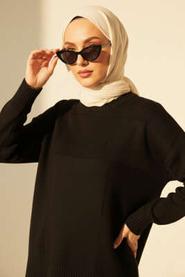 Pazarium - Kare Desenli Triko Kazak Siyah