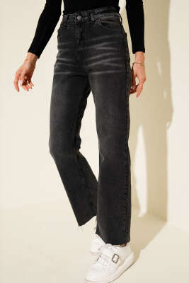 Pazarium - Kesik Paça Düğmeli Kot Pantolon Füme