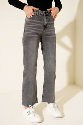 Pazarium - Kesik Paça Düğmeli Kot Pantolon Gri