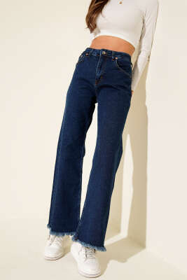 Pazarium - Püsküllü Paça Kot Pantolon Mavi