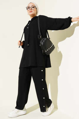 Pazarium - Yanları Metal Düğmeli Kapşonlu İkili Takım Siyah