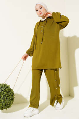 Pazarium - Yanları Metal Düğmeli Kapşonlu İkili Takım Yağ Yeşili