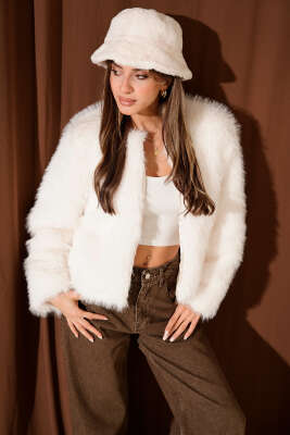 Pazarium - Kürk Detaylı Kısa Mont Ekru