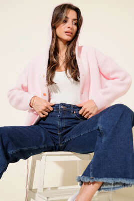 Pazarium - Çift Cepli Metal Düğmeli Kapüşonlu Hırka Pembe