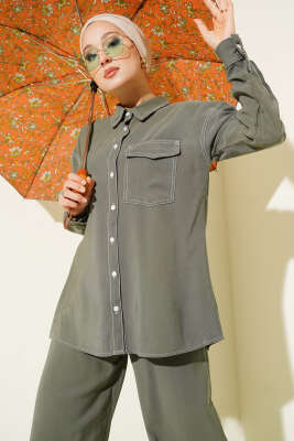 Pazarium - Gömlek Yaka Tek Cepli İkili Takım Haki