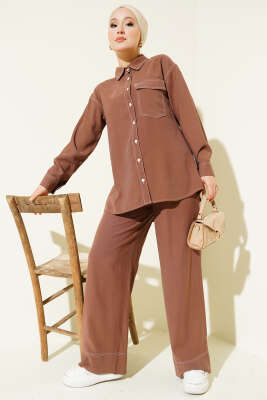 Pazarium - Gömlek Yaka Tek Cepli İkili Takım Taba