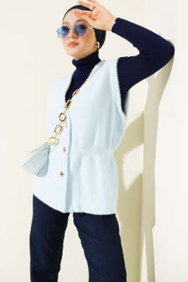 Pazarium - Bel Lastikli Sakallı Triko Yelek Bebe Mavi