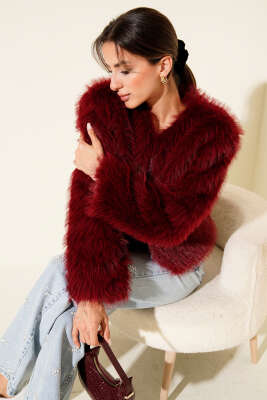 Pazarium - Kürk Detaylı Kısa Mont Bordo