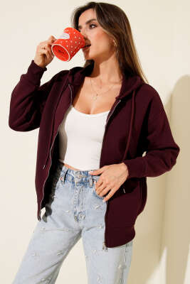 Pazarium - Önü Fermuarlı Kapüşonlu Hırka Mürdüm