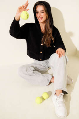 Pazarium - Çift Cepli Metal Düğmeli Kapüşonlu Hırka Siyah