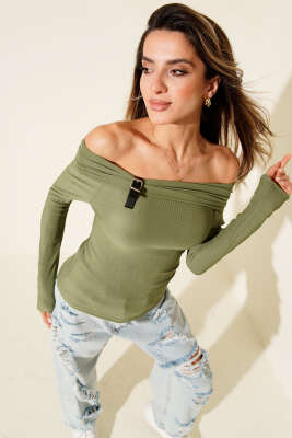 Pazarium - Madonna Yaka Kemer Detaylı Bluz Yeşil