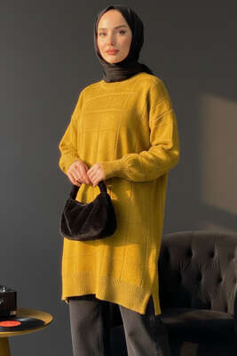 Pazarium - Kare Kabartmalı Yumoş Triko Tunik Yağ Yeşili