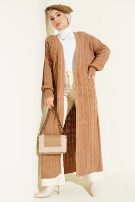 Pazarium - Saç Örgü Uzun Triko Hırka Latte