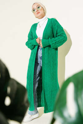 Pazarium - Saç Örgü Uzun Triko Hırka Yeşil