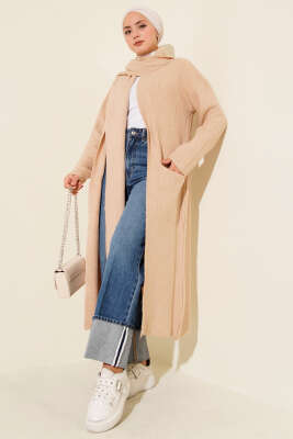 Pazarium - Şal Yaka Cepli Uzun Triko Hırka Latte