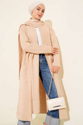 Şal Yaka Cepli Uzun Triko Hırka Latte - Thumbnail