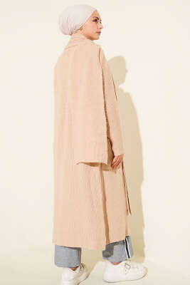 Şal Yaka Cepli Uzun Triko Hırka Latte - Thumbnail