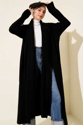 Şal Yaka Cepli Uzun Triko Hırka Siyah - Thumbnail