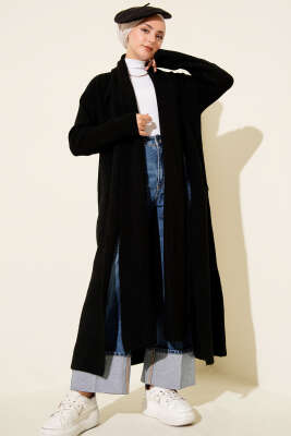 Şal Yaka Cepli Uzun Triko Hırka Siyah - Thumbnail