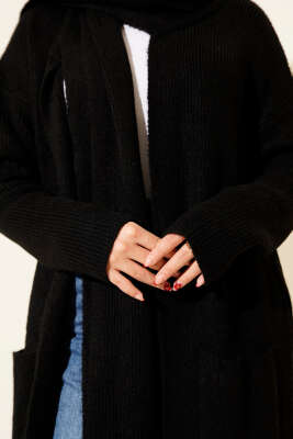 Şal Yaka Cepli Uzun Triko Hırka Siyah - Thumbnail