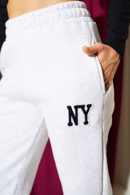 Paça Lastikli Ny Baskılı Pantolon Melanj Gri - Thumbnail