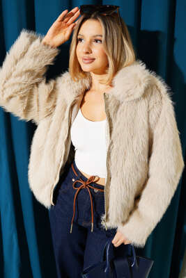 Pazarium - Kürk Detaylı Fermuarlı Ceket Bej