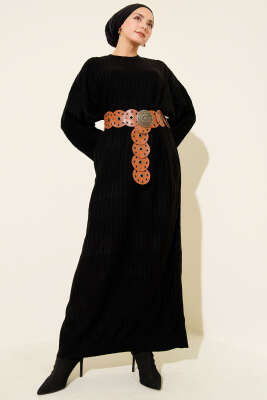 Pazarium - İnce Çizgili Salaş Triko Elbise Siyah