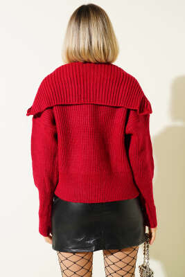 Fermuarlı Geniş Örgülü Hırka Kırmızı - Thumbnail