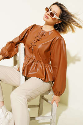 Pazarium - Fiyonk Detaylı Deri Ceket Taba