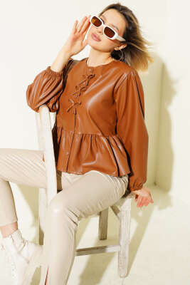 Fiyonk Detaylı Deri Ceket Taba - Thumbnail