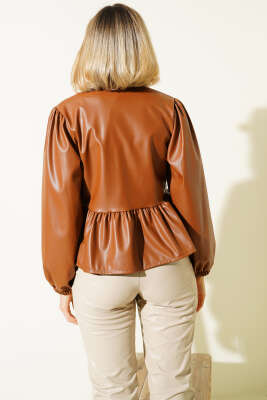 Fiyonk Detaylı Deri Ceket Taba - Thumbnail