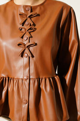 Fiyonk Detaylı Deri Ceket Taba - Thumbnail