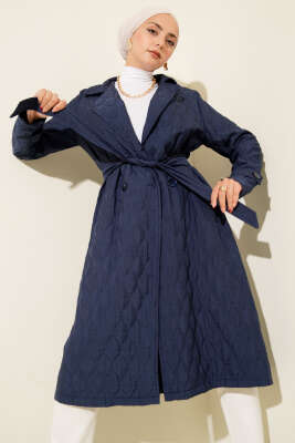 Pazarium - Kuşaklı Kapitone Kap Lacivert